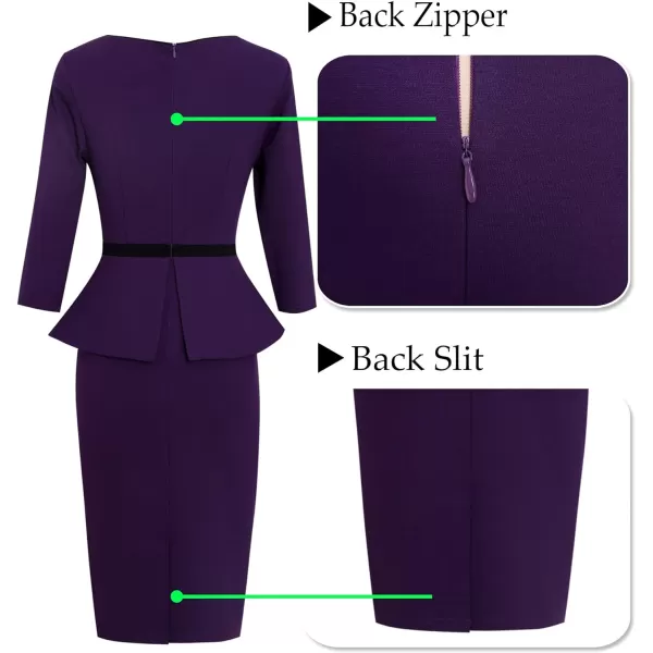 VFSHOW Womens Crew Neck Peplum Colorblock Work Business Office Bodycon Pencil DressPurple and Black2