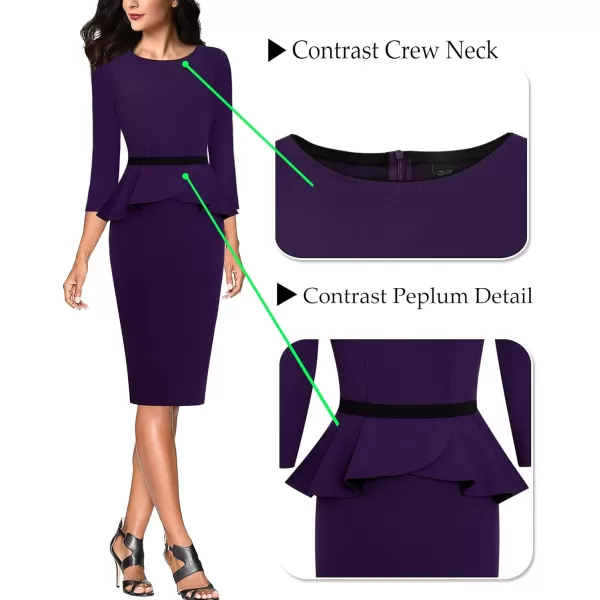 VFSHOW Womens Crew Neck Peplum Colorblock Work Business Office Bodycon Pencil DressPurple and Black2