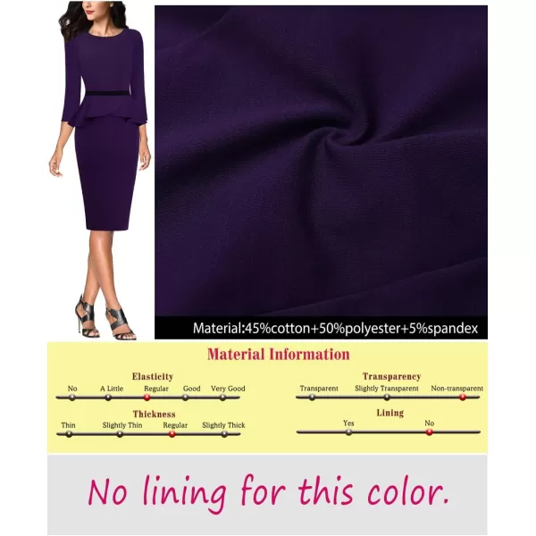 VFSHOW Womens Crew Neck Peplum Colorblock Work Business Office Bodycon Pencil DressPurple and Black2