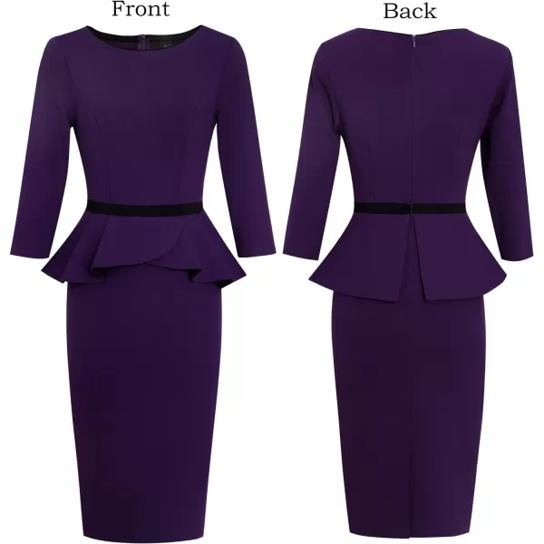 VFSHOW Womens Crew Neck Peplum Colorblock Work Business Office Bodycon Pencil DressPurple and Black2