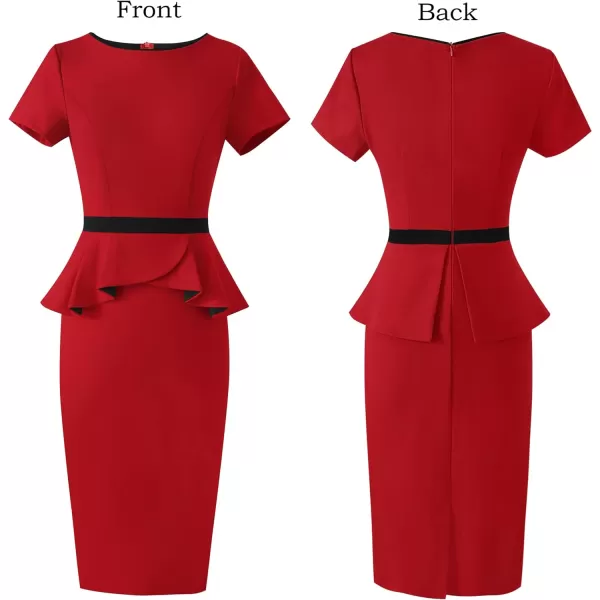 VFSHOW Womens Crew Neck Peplum Colorblock Work Business Office Bodycon Pencil DressRed With Black Piping3