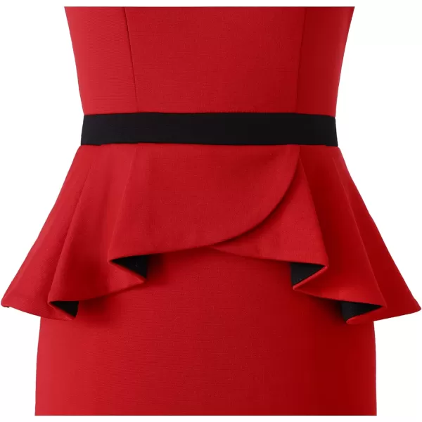 VFSHOW Womens Crew Neck Peplum Colorblock Work Business Office Bodycon Pencil DressRed With Black Piping3