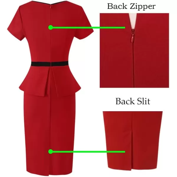 VFSHOW Womens Crew Neck Peplum Colorblock Work Business Office Bodycon Pencil DressRed With Black Piping3