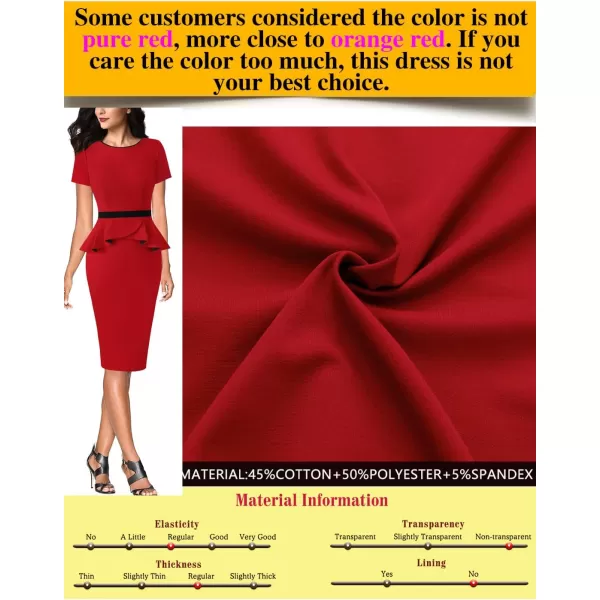 VFSHOW Womens Crew Neck Peplum Colorblock Work Business Office Bodycon Pencil DressRed With Black Piping3