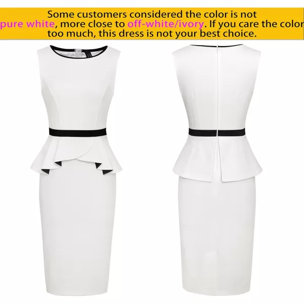 VFSHOW Womens Crew Neck Peplum Colorblock Work Business Office Bodycon Pencil DressWhite With Black Piping3