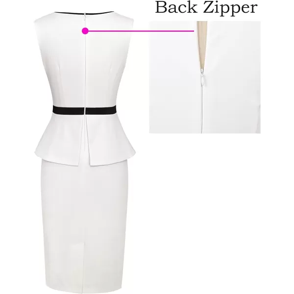 VFSHOW Womens Crew Neck Peplum Colorblock Work Business Office Bodycon Pencil DressWhite With Black Piping3