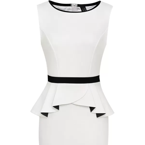 VFSHOW Womens Crew Neck Peplum Colorblock Work Business Office Bodycon Pencil DressWhite With Black Piping3