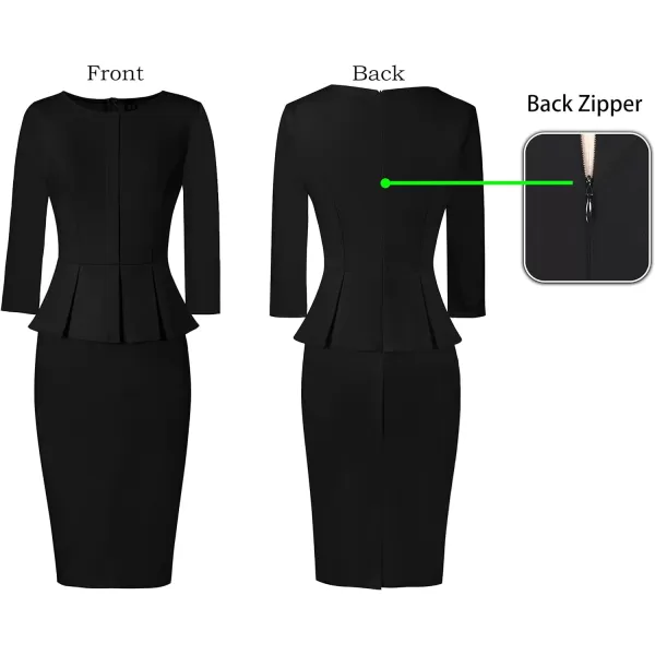 VFSHOW Womens Crew Neck Peplum Work Business Office Church Bodycon Pencil DressBlack34 Sleeve