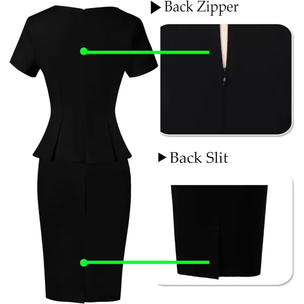 VFSHOW Womens Crew Neck Peplum Work Business Office Church Bodycon Pencil DressBlackshort Sleeve