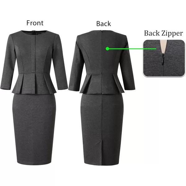 VFSHOW Womens Crew Neck Peplum Work Business Office Church Bodycon Pencil DressGrey 34 Sleeve