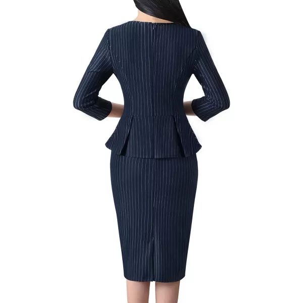 VFSHOW Womens Crew Neck Peplum Work Business Office Church Bodycon Pencil DressNavy Blue White Striped