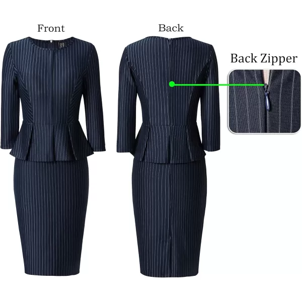 VFSHOW Womens Crew Neck Peplum Work Business Office Church Bodycon Pencil DressNavy Blue White Striped