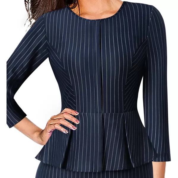 VFSHOW Womens Crew Neck Peplum Work Business Office Church Bodycon Pencil DressNavy Blue White Striped