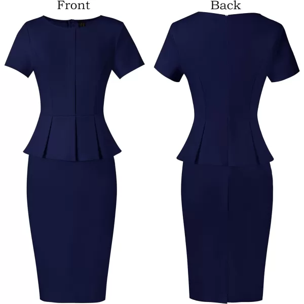 VFSHOW Womens Crew Neck Peplum Work Business Office Church Bodycon Pencil DressNavy Blueshort Sleeve