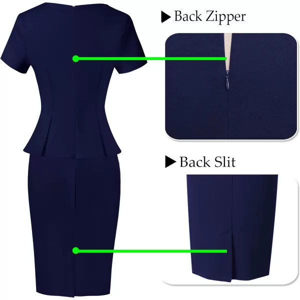 VFSHOW Womens Crew Neck Peplum Work Business Office Church Bodycon Pencil DressNavy Blueshort Sleeve