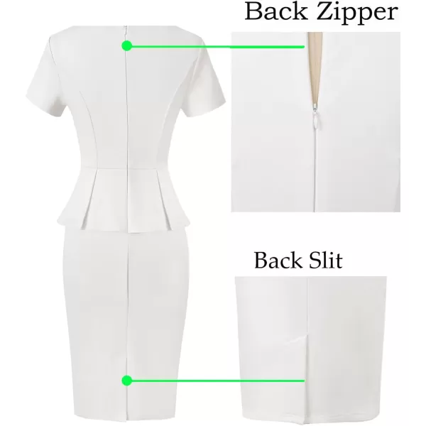 VFSHOW Womens Crew Neck Peplum Work Business Office Church Bodycon Pencil DressOff Whiteshort Sleeve