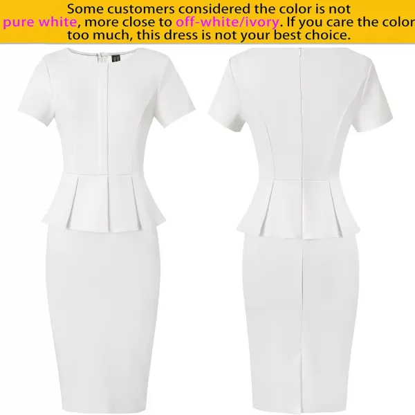 VFSHOW Womens Crew Neck Peplum Work Business Office Church Bodycon Pencil DressOff Whiteshort Sleeve