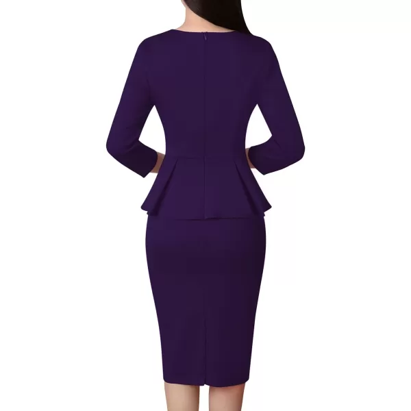 VFSHOW Womens Crew Neck Peplum Work Business Office Church Bodycon Pencil DressPurple34 Sleeve