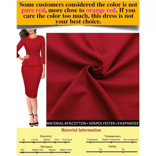 VFSHOW Womens Crew Neck Peplum Work Business Office Church Bodycon Pencil DressRed34 Sleeve