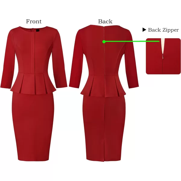 VFSHOW Womens Crew Neck Peplum Work Business Office Church Bodycon Pencil DressRed34 Sleeve