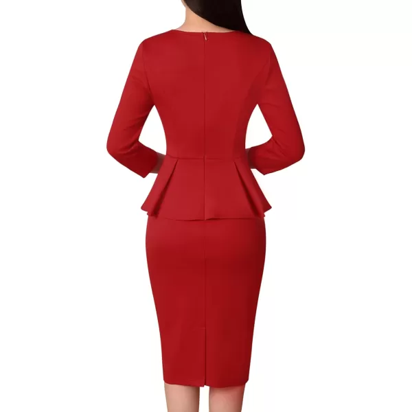 VFSHOW Womens Crew Neck Peplum Work Business Office Church Bodycon Pencil DressRed34 Sleeve