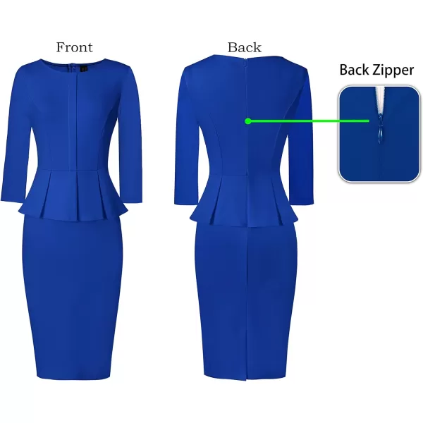 VFSHOW Womens Crew Neck Peplum Work Business Office Church Bodycon Pencil DressRoyal Blue34 Sleeve