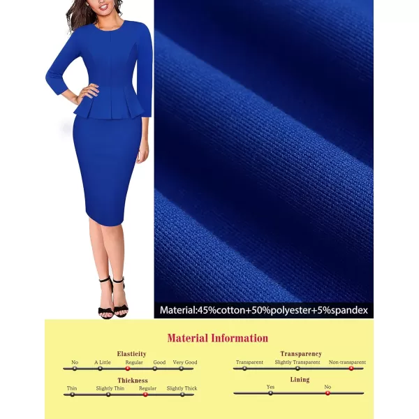 VFSHOW Womens Crew Neck Peplum Work Business Office Church Bodycon Pencil DressRoyal Blue34 Sleeve