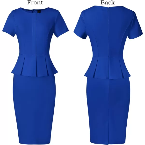 VFSHOW Womens Crew Neck Peplum Work Business Office Church Bodycon Pencil DressRoyal Blueshort Sleeve