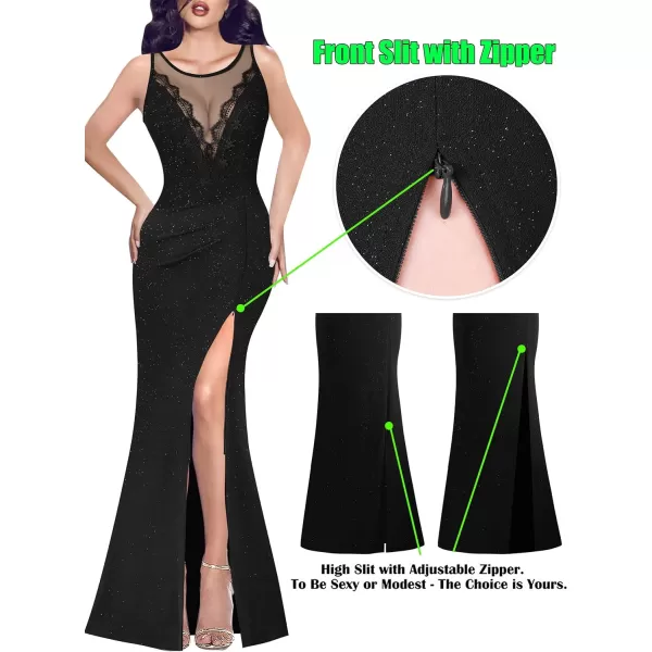 VFSHOW Womens Crochet Lace Patchwork Deep V Neck Ruched Formal Prom Maxi Dress 2023 Sexy High Split Mermaid Evening Long GownSparkly Black