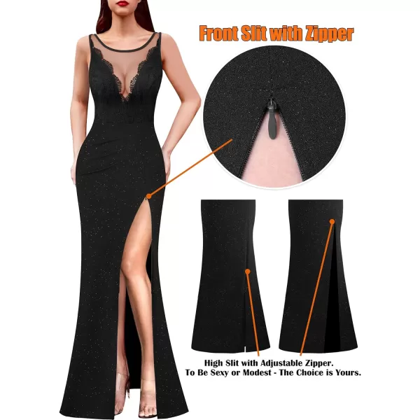 VFSHOW Womens Crochet Lace Patchwork Deep V Neck Ruched Formal Prom Maxi Dress 2023 Sexy High Split Mermaid Evening Long GownSparkly Black2