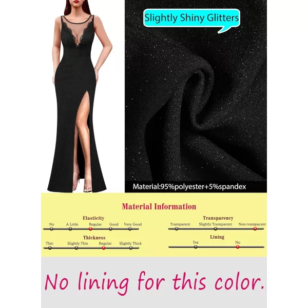 VFSHOW Womens Crochet Lace Patchwork Deep V Neck Ruched Formal Prom Maxi Dress 2023 Sexy High Split Mermaid Evening Long GownSparkly Black2