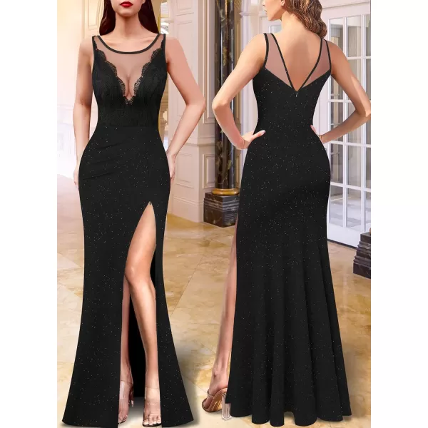 VFSHOW Womens Crochet Lace Patchwork Deep V Neck Ruched Formal Prom Maxi Dress 2023 Sexy High Split Mermaid Evening Long GownSparkly Black2