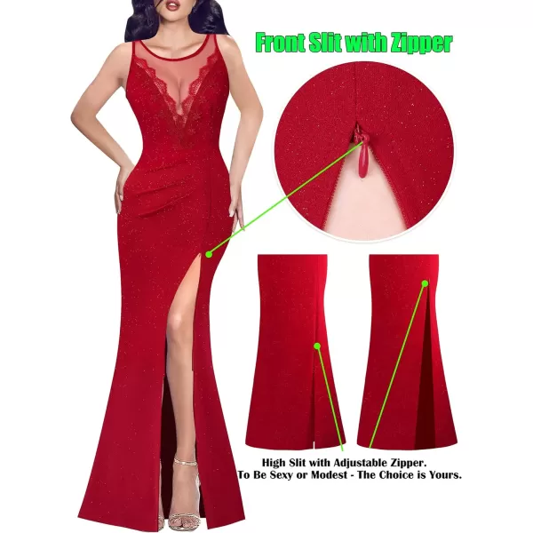 VFSHOW Womens Crochet Lace Patchwork Deep V Neck Ruched Formal Prom Maxi Dress 2023 Sexy High Split Mermaid Evening Long GownSparkly Red