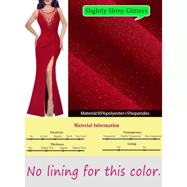 VFSHOW Womens Crochet Lace Patchwork Deep V Neck Ruched Formal Prom Maxi Dress 2023 Sexy High Split Mermaid Evening Long GownSparkly Red