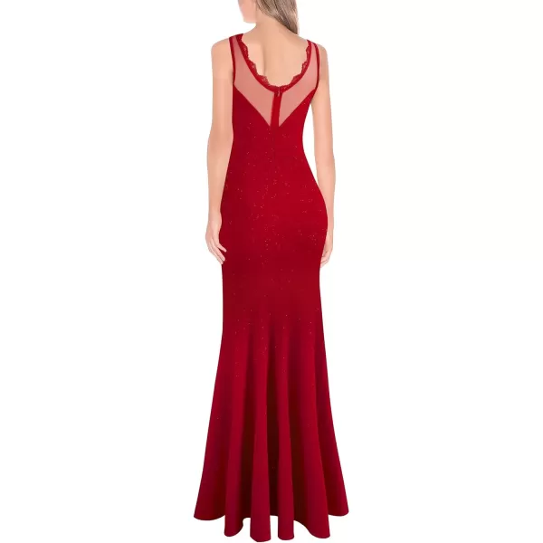 VFSHOW Womens Crochet Lace Patchwork Deep V Neck Ruched Formal Prom Maxi Dress 2023 Sexy High Split Mermaid Evening Long GownSparkly Red