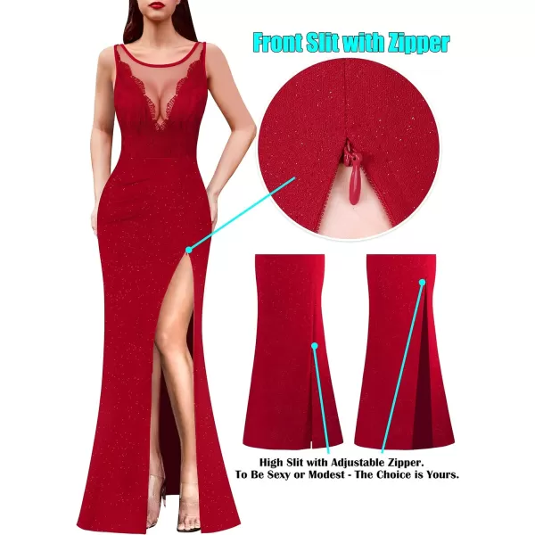 VFSHOW Womens Crochet Lace Patchwork Deep V Neck Ruched Formal Prom Maxi Dress 2023 Sexy High Split Mermaid Evening Long GownSparkly Red2