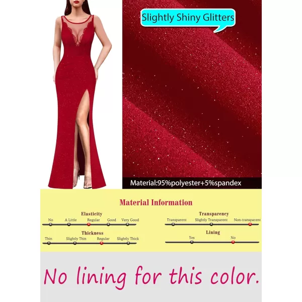 VFSHOW Womens Crochet Lace Patchwork Deep V Neck Ruched Formal Prom Maxi Dress 2023 Sexy High Split Mermaid Evening Long GownSparkly Red2