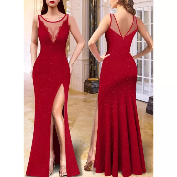 VFSHOW Womens Crochet Lace Patchwork Deep V Neck Ruched Formal Prom Maxi Dress 2023 Sexy High Split Mermaid Evening Long GownSparkly Red2