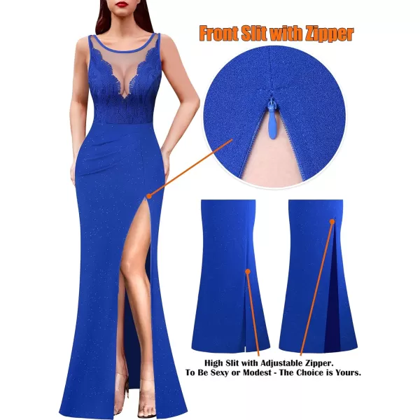 VFSHOW Womens Crochet Lace Patchwork Deep V Neck Ruched Formal Prom Maxi Dress 2023 Sexy High Split Mermaid Evening Long GownSparkly Royal Blue