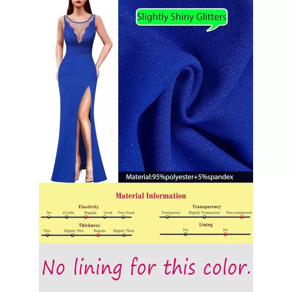 VFSHOW Womens Crochet Lace Patchwork Deep V Neck Ruched Formal Prom Maxi Dress 2023 Sexy High Split Mermaid Evening Long GownSparkly Royal Blue