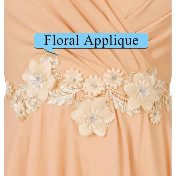 VFSHOW Womens Deep V Neck Chiffon Floral Applique Formal Prom ALine Maxi Dress 2023 Smocked Wedding Guest HiLo Evening GownBeige