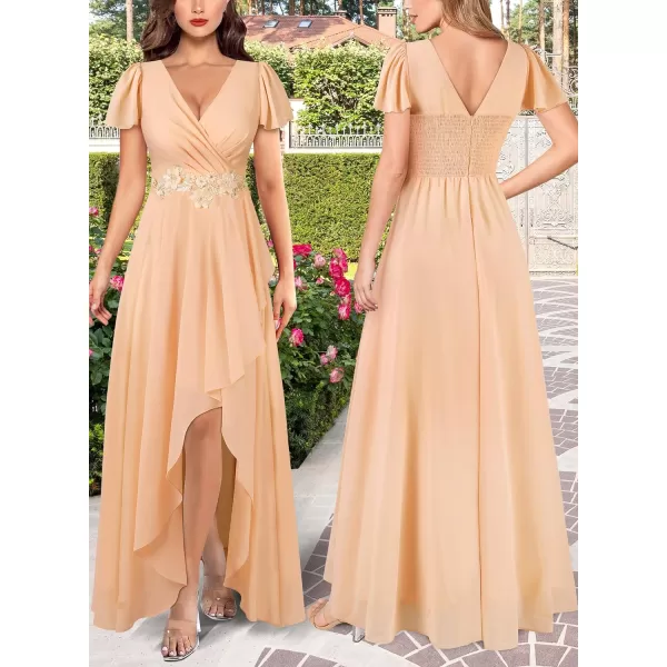 VFSHOW Womens Deep V Neck Chiffon Floral Applique Formal Prom ALine Maxi Dress 2023 Smocked Wedding Guest HiLo Evening GownBeige