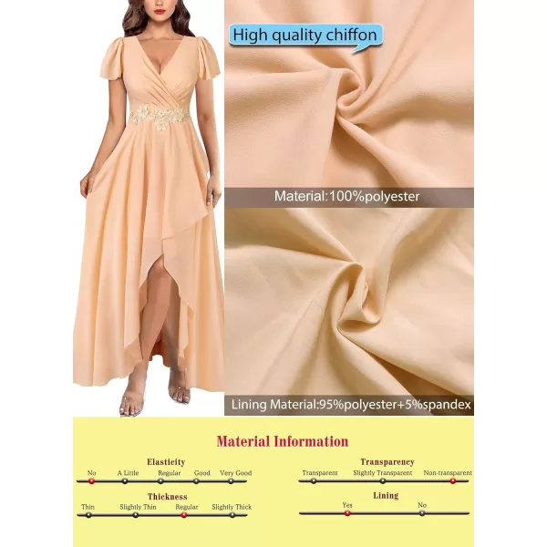 VFSHOW Womens Deep V Neck Chiffon Floral Applique Formal Prom ALine Maxi Dress 2023 Smocked Wedding Guest HiLo Evening GownBeige