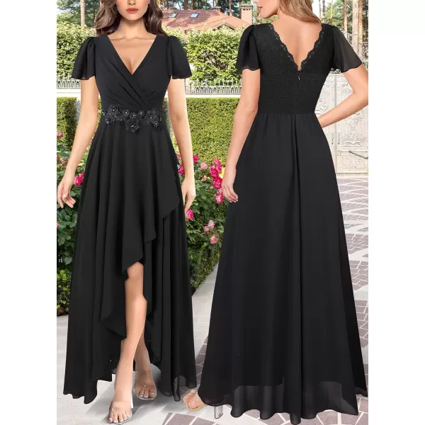 VFSHOW Womens Deep V Neck Chiffon Floral Applique Formal Prom ALine Maxi Dress 2023 Smocked Wedding Guest HiLo Evening GownBlack