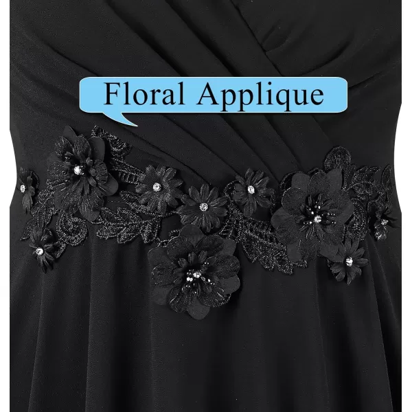 VFSHOW Womens Deep V Neck Chiffon Floral Applique Formal Prom ALine Maxi Dress 2023 Smocked Wedding Guest HiLo Evening GownBlack