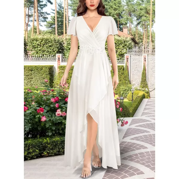 VFSHOW Womens Deep V Neck Chiffon Floral Applique Formal Prom ALine Maxi Dress 2023 Smocked Wedding Guest HiLo Evening GownOffwhite