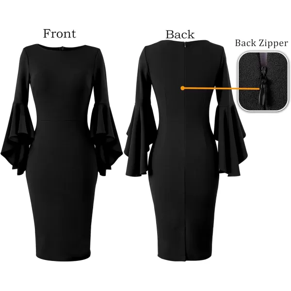 VFSHOW Womens Elegant Bell Sleeve Cocktail Party Bodycon Pencil Sheath DressBlack