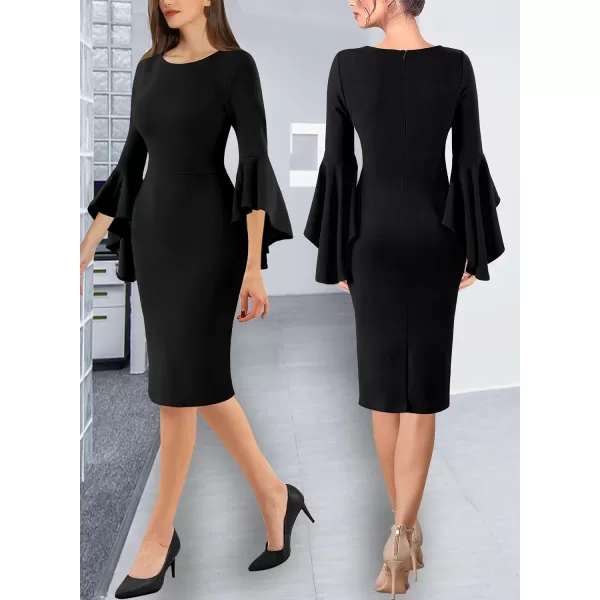 VFSHOW Womens Elegant Bell Sleeve Cocktail Party Bodycon Pencil Sheath DressBlack