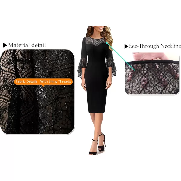 VFSHOW Womens Elegant Bell Sleeve Cocktail Party Bodycon Pencil Sheath DressBlack Black Lace2