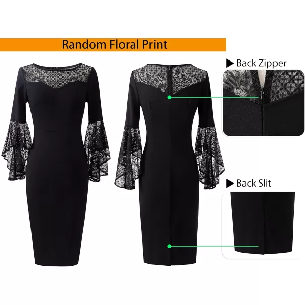 VFSHOW Womens Elegant Bell Sleeve Cocktail Party Bodycon Pencil Sheath DressBlack Black Lace2